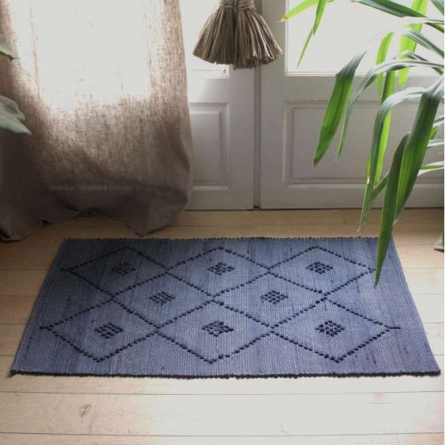 Petit Tapis coton losanges tissage artisanal Portugal bleu marine